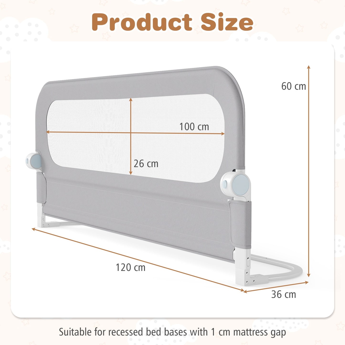 Foldable Bed Rail for Toddlers 120 Long with Removable Cover-Grey