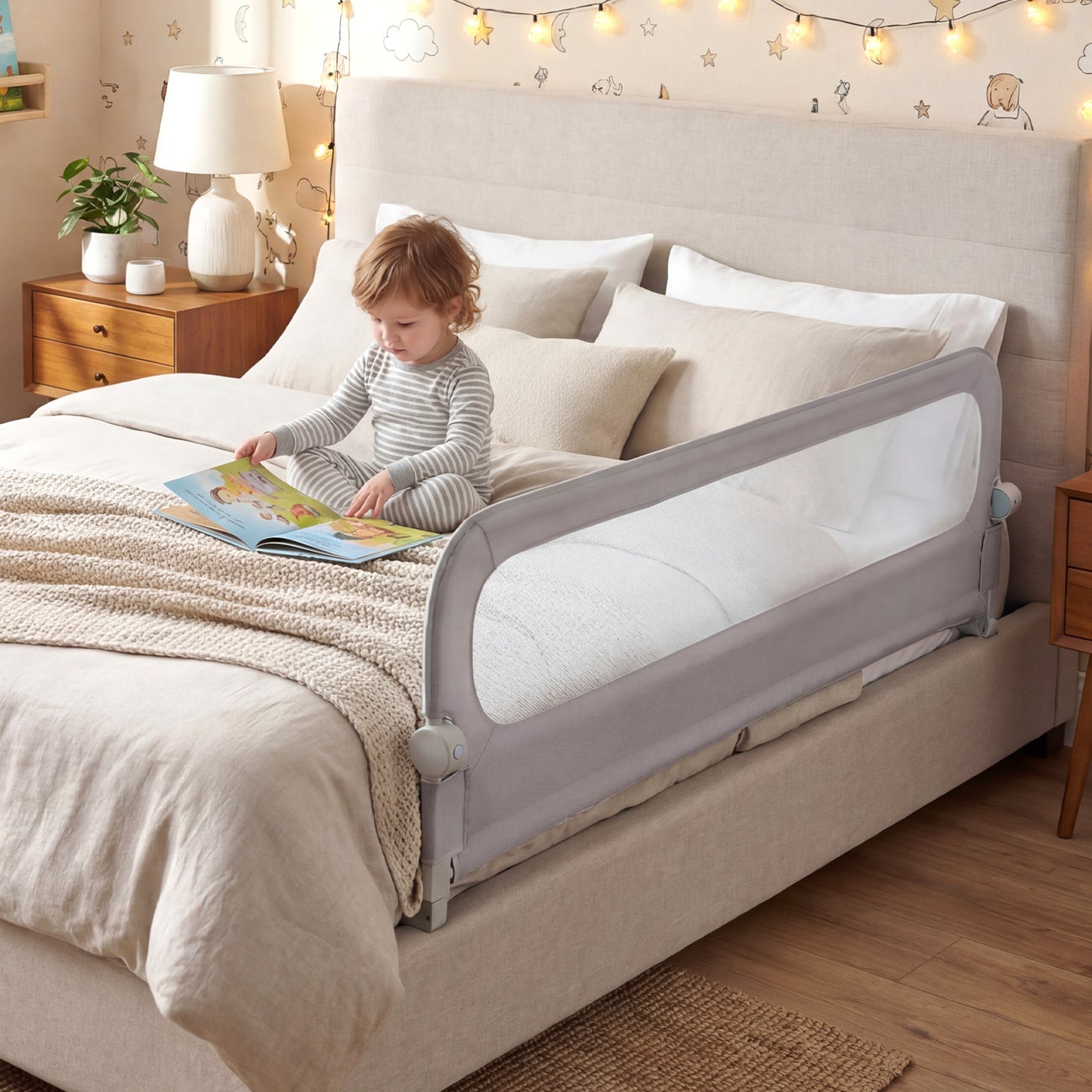 Foldable Bed Rail for Toddlers 178 Long with Removable Cover-Grey