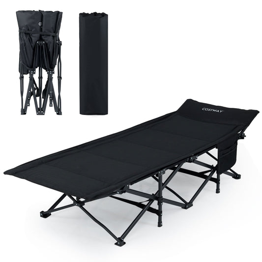Foldable Camping Cot for Adults Heavy Duty Sleeping Bed with Slanted Headrest-Black