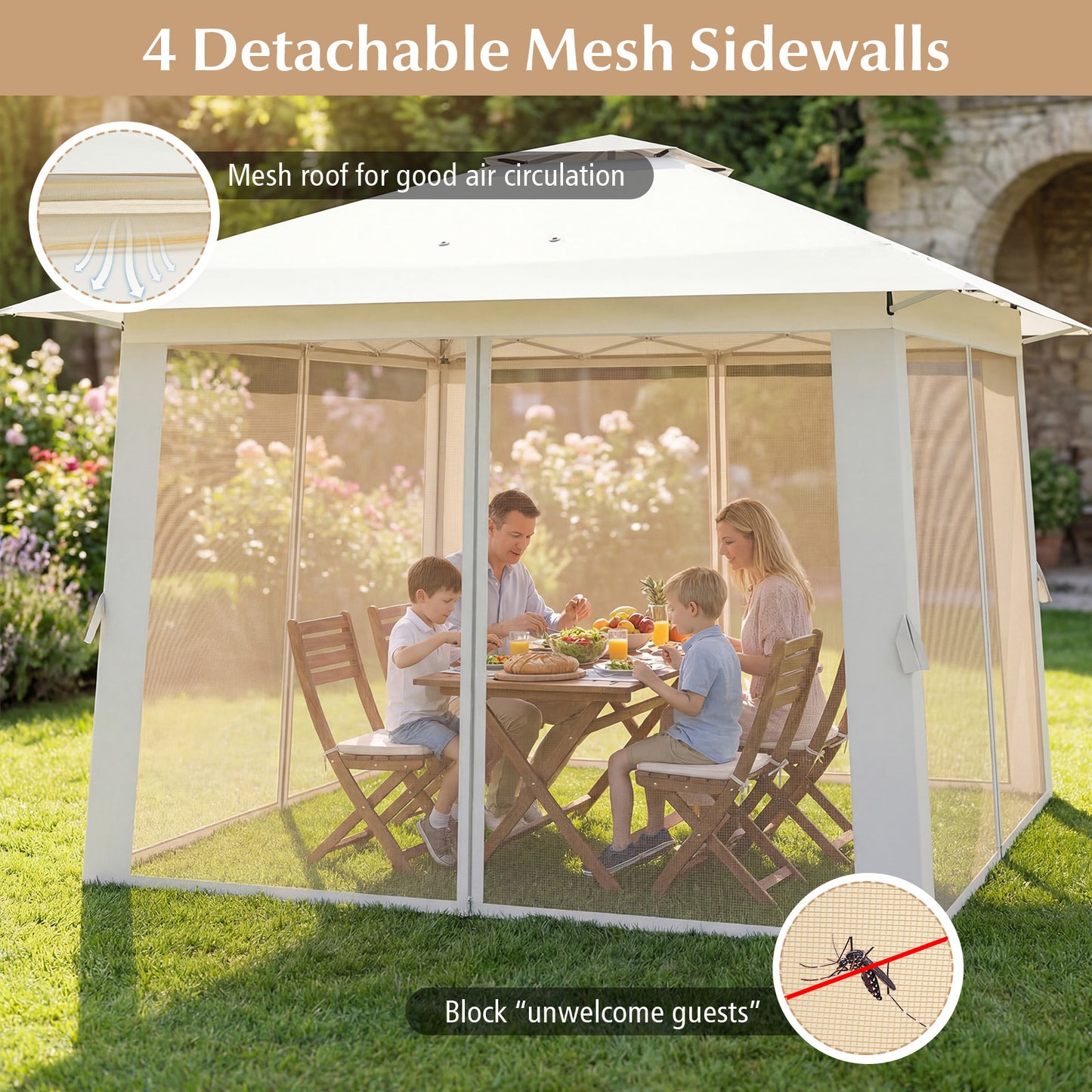 Foldable Canopy Tent with Mesh Netting and Double Roof-Beige