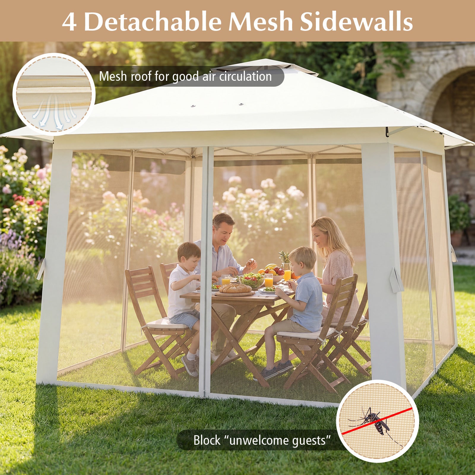 Foldable Canopy Tent with Mesh Netting and Double Roof-Beige