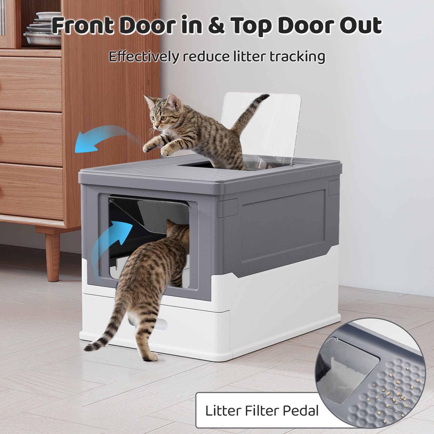 Foldable Cat Litter Box with Lid Large Fully Enclosed Cat Toilet with Front Entry and Flip Top Exit-Grey