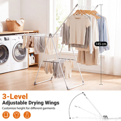 Foldable Clothes Drying Rack with 3-Level Adjustable Wings Space-Saving Collapsible Laundry Rack-White