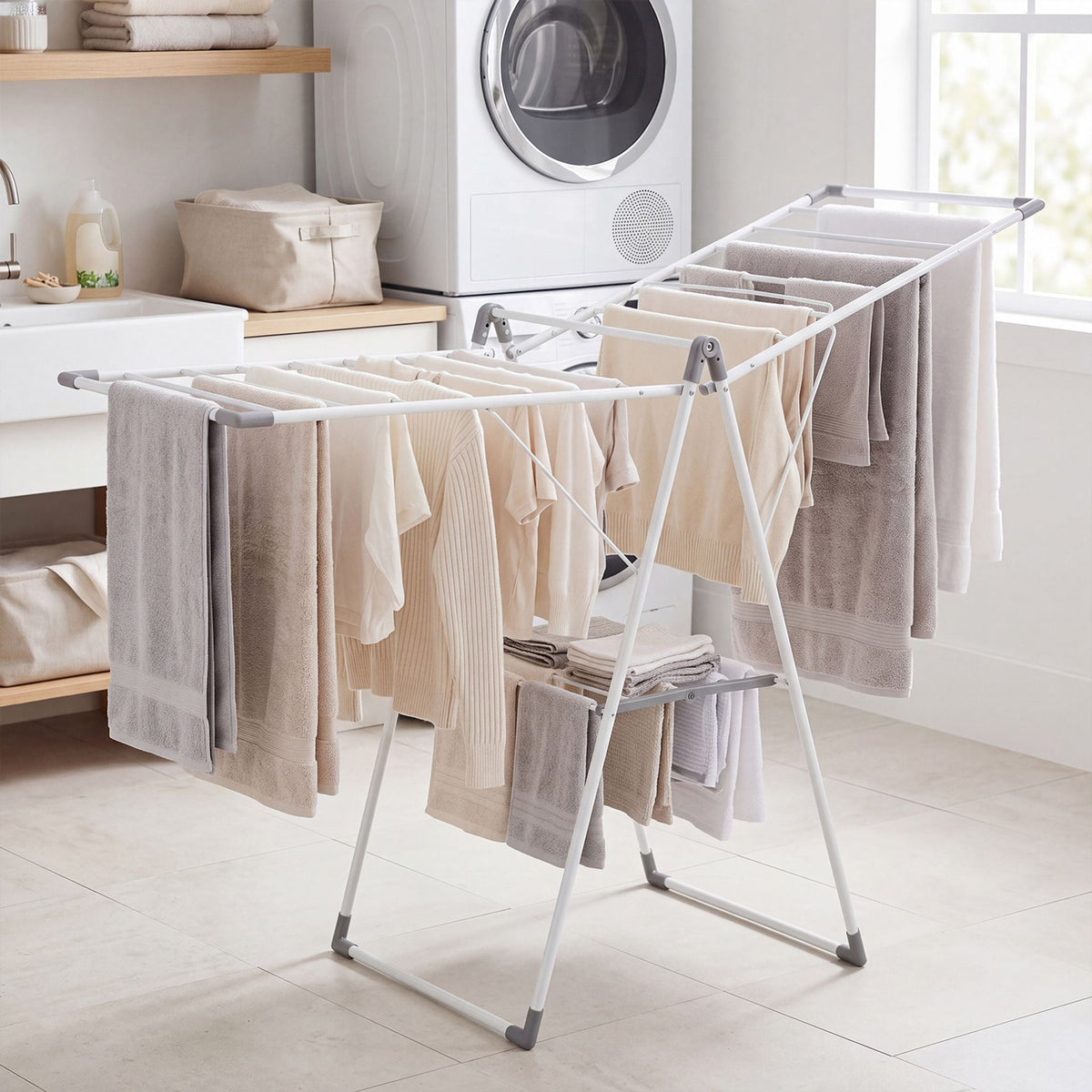Foldable Clothes Drying Rack with 3-Level Adjustable Wings Space-Saving Collapsible Laundry Rack-White