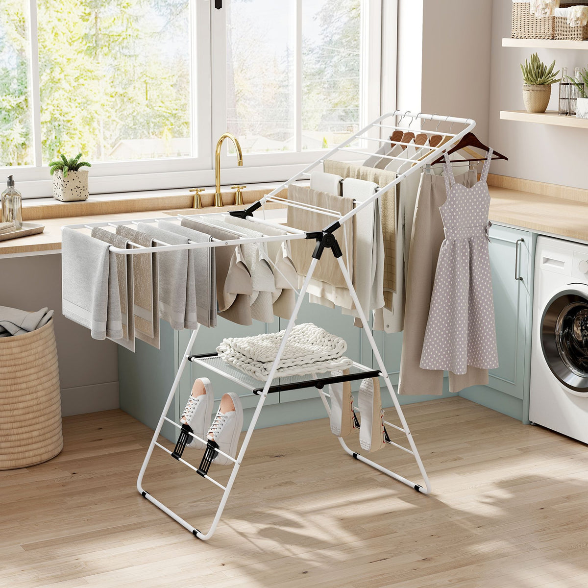 Foldable Gullwing Clothes Drying Rack with 142 cm Adjustable Wings