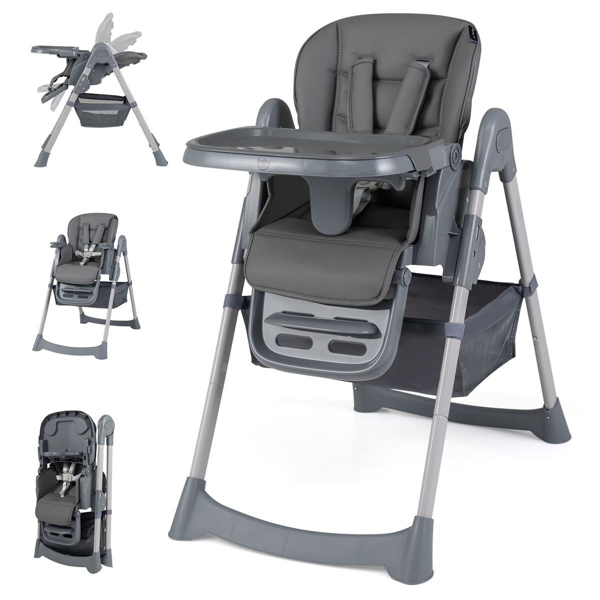 Foldable High Chair with 7-Level Height Adjustment for Babies and Toddlers-Grey