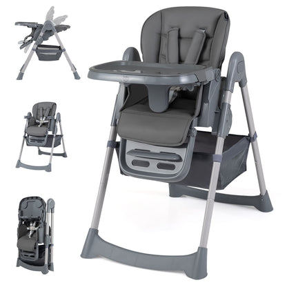 Foldable High Chair with 7-Level Height Adjustment for Babies and Toddlers-Grey