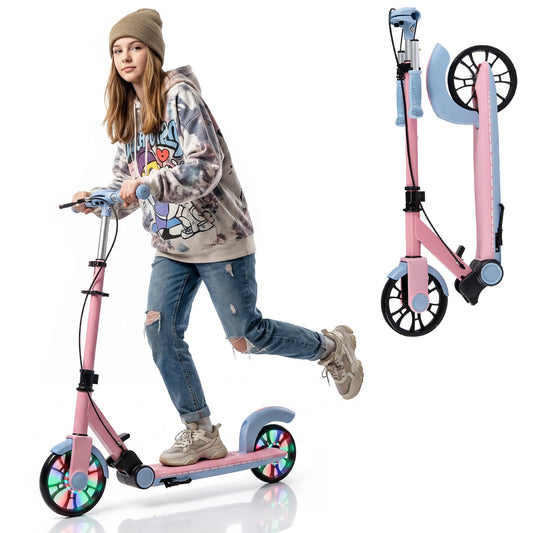 Foldable Kick Scooter with 2 Light-up Wheels and Rear Brake-Pink