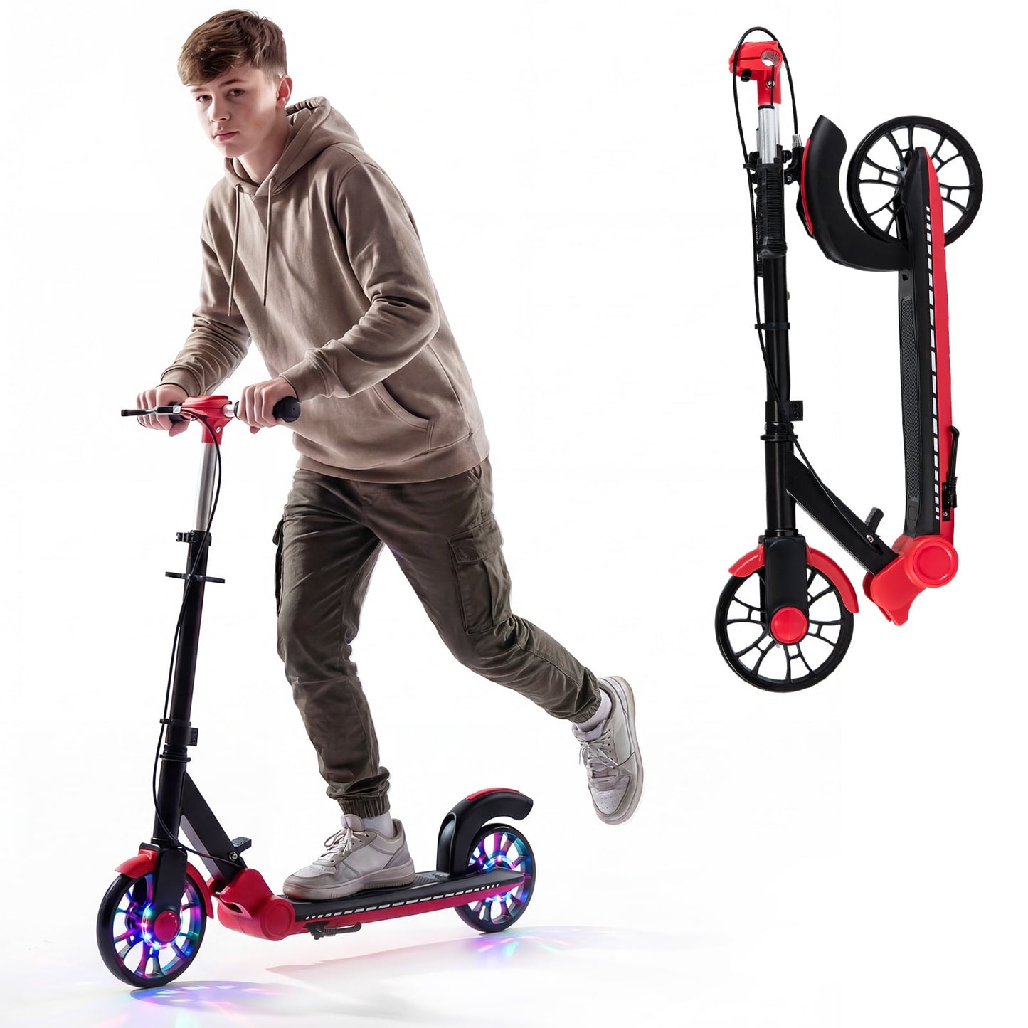 Foldable Kick Scooter with 2 Light-up Wheels and Rear Brake-Red