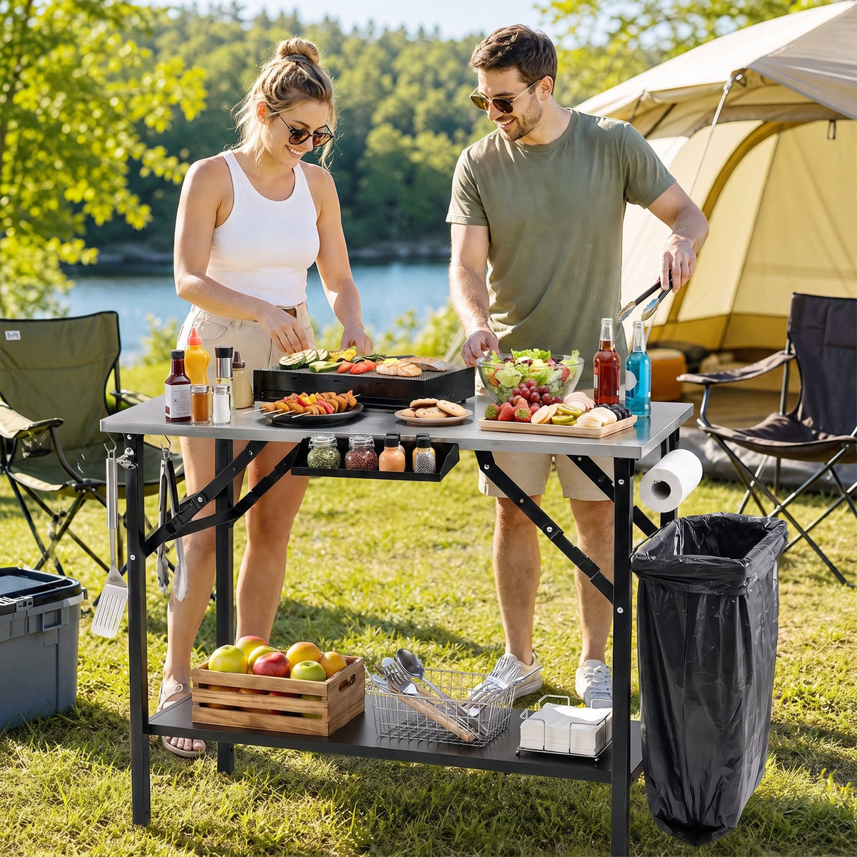 Foldable Outdoor Cook Station with Removable Shelves-Black
