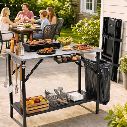Foldable Outdoor Cook Station with Removable Shelves-Black