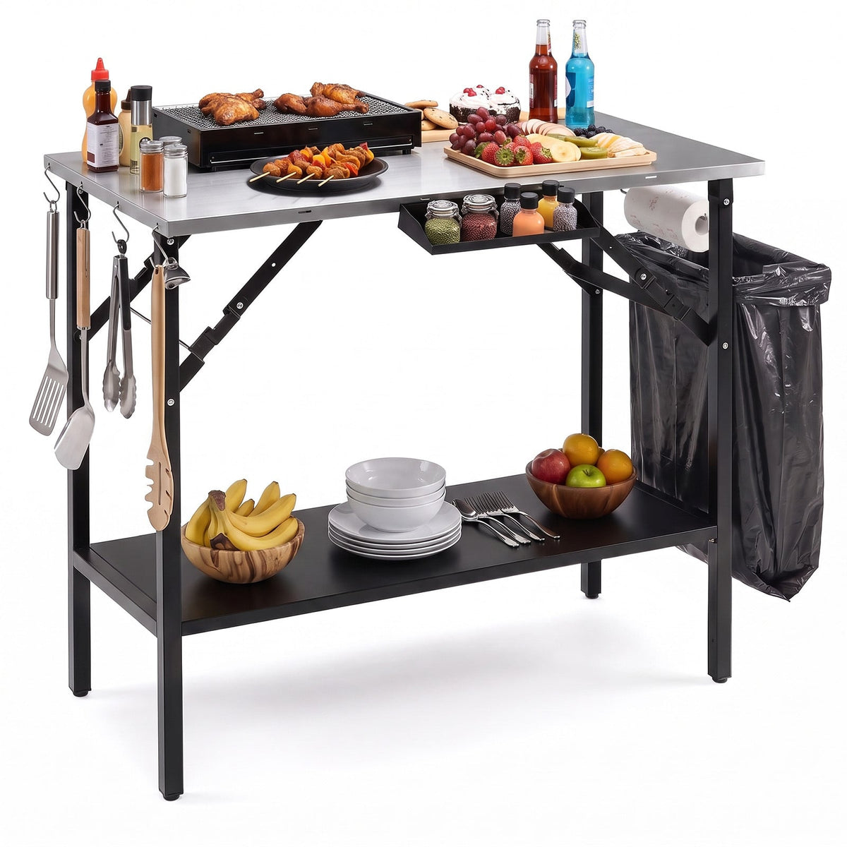 Foldable Outdoor Cook Station with Removable Shelves-Black