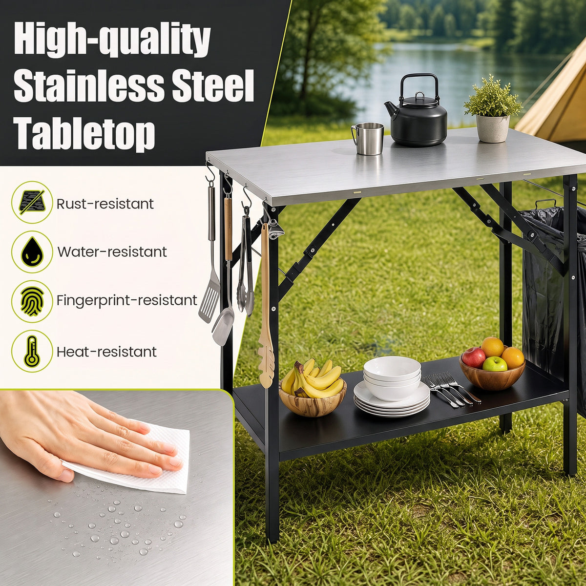 Foldable Outdoor Cook Station with Removable Shelves-Black