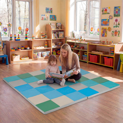 Foldable Patchwork Toddler Activity Mat with Waterproof Faux Leather-Blue