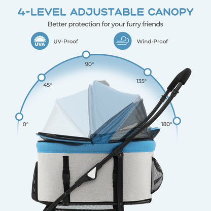 Foldable Pet Stroller with 4-Level Adjustable Canopy and Storage Basket-Blue