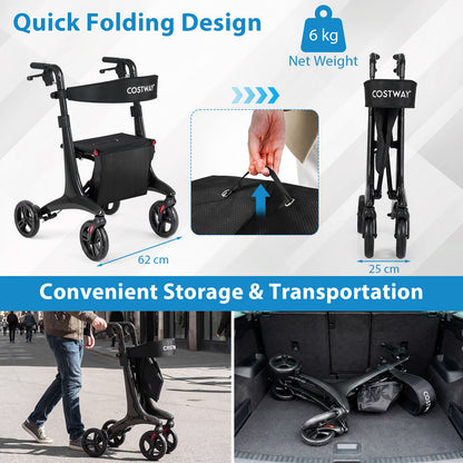 Foldable Rollator Walker with Seat and Carbon Fiber Structure for Seniors-Black