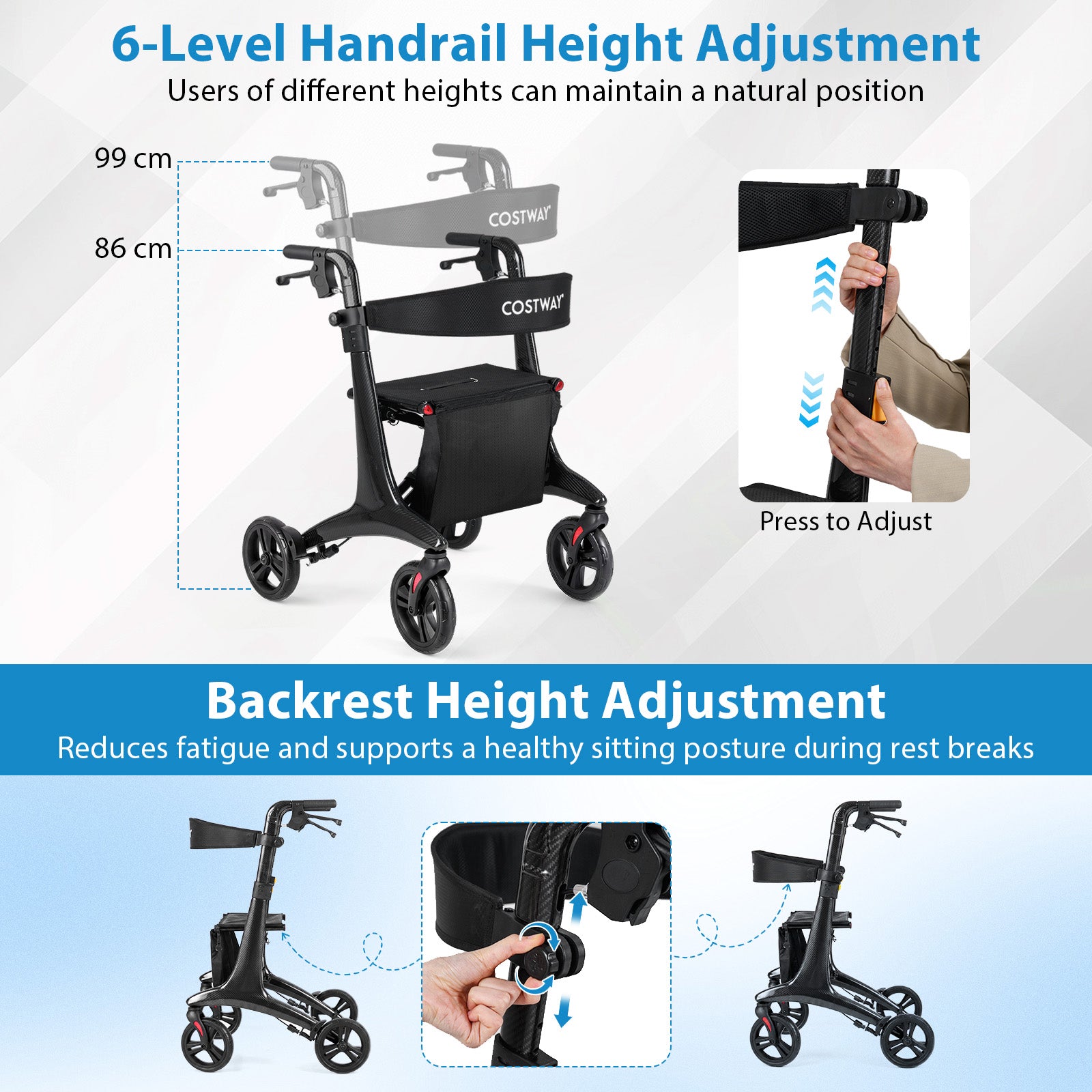 Foldable Rollator Walker with Seat and Carbon Fiber Structure for Seniors-Black