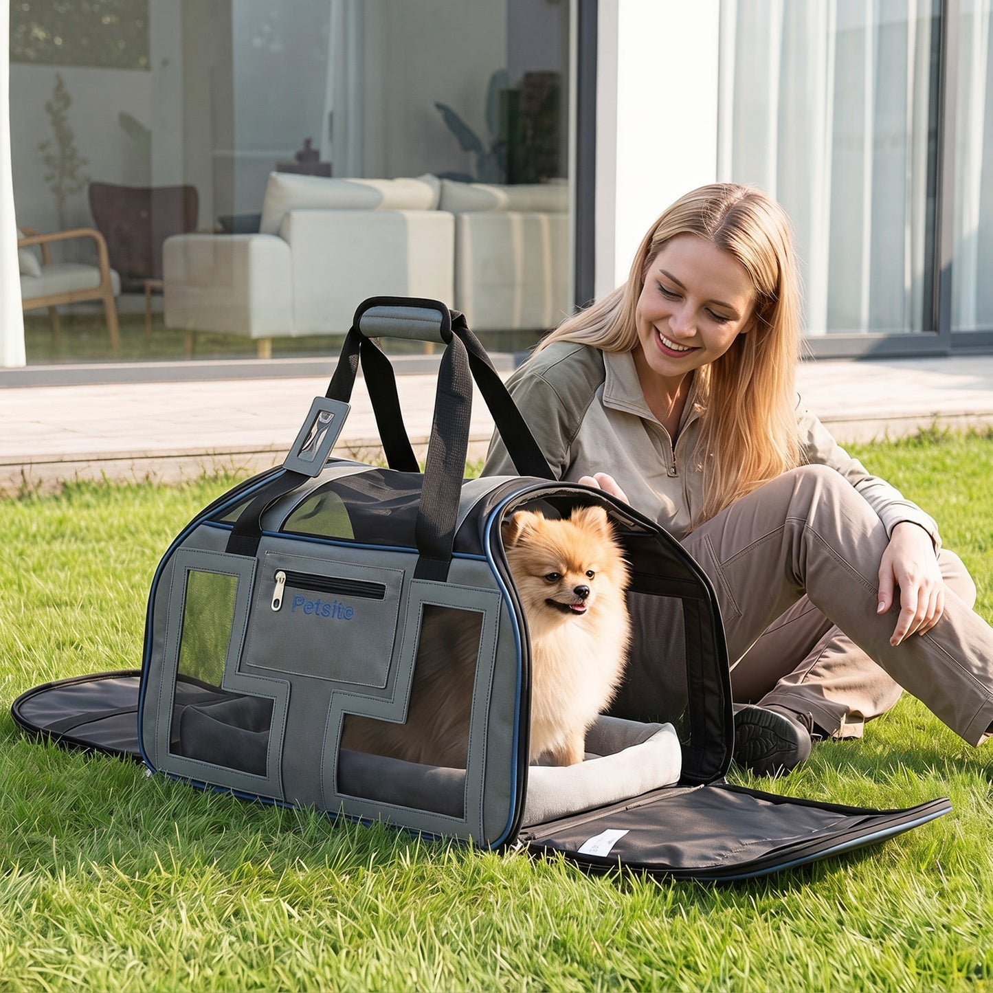 Foldable Rolling Pet Carrier with Wheels and Padded Carry Handle-Blue