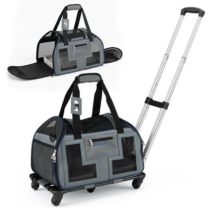 Foldable Rolling Pet Carrier with Wheels and Padded Carry Handle-Blue