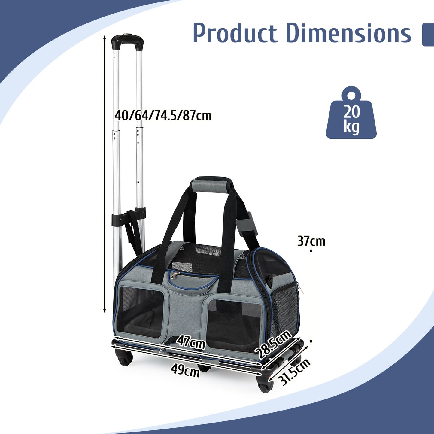 Foldable Rolling Pet Carrier with Wheels and Padded Carry Handle-Blue