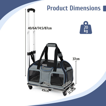 Foldable Rolling Pet Carrier with Wheels and Padded Carry Handle-Blue