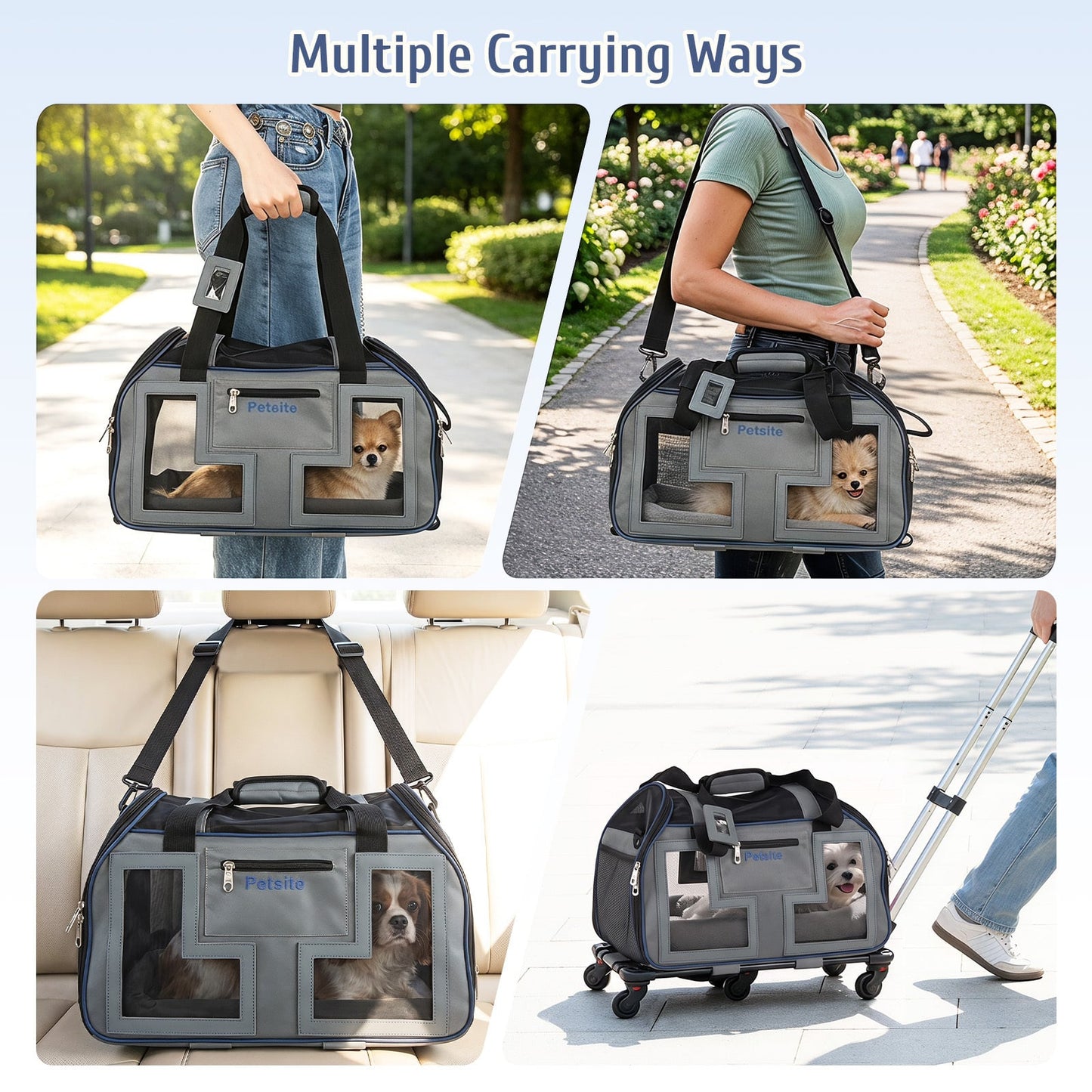 Foldable Rolling Pet Carrier with Wheels and Padded Carry Handle-Blue