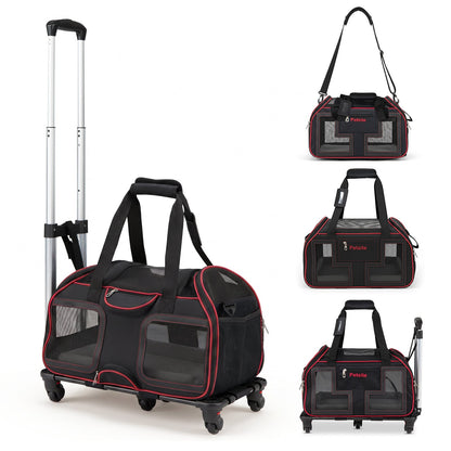 Foldable Rolling Pet Carrier with Wheels and Padded Carry Handle-Red
