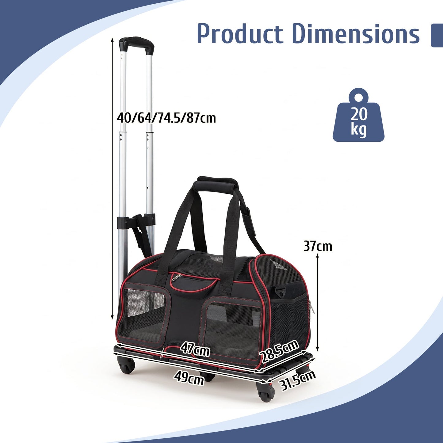 Foldable Rolling Pet Carrier with Wheels and Padded Carry Handle-Red