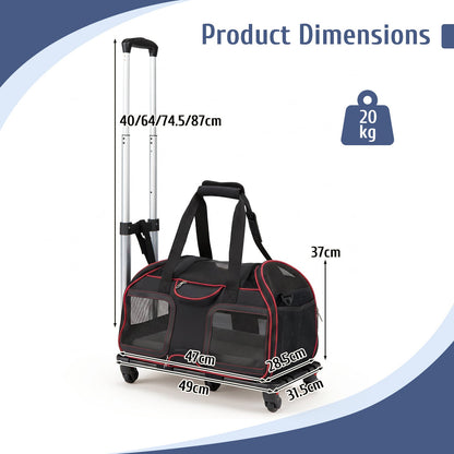 Foldable Rolling Pet Carrier with Wheels and Padded Carry Handle-Red