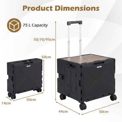 Foldable Utility Cart on 4 Rotate Wheels with Cup Holder-Black