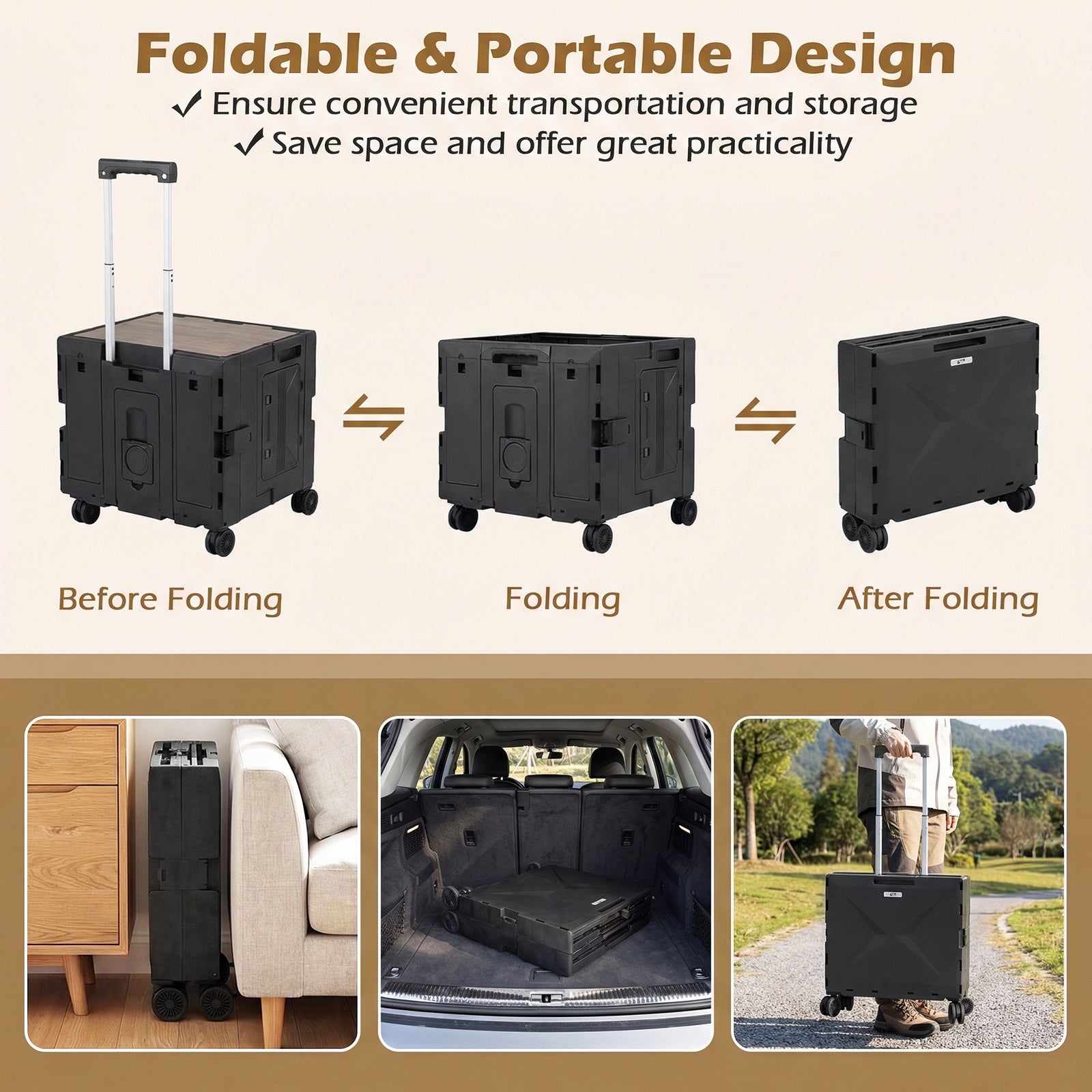 Foldable Utility Cart on 4 Rotate Wheels with Cup Holder-Black