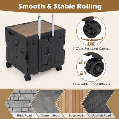 Foldable Utility Cart on 4 Rotate Wheels with Cup Holder-Black