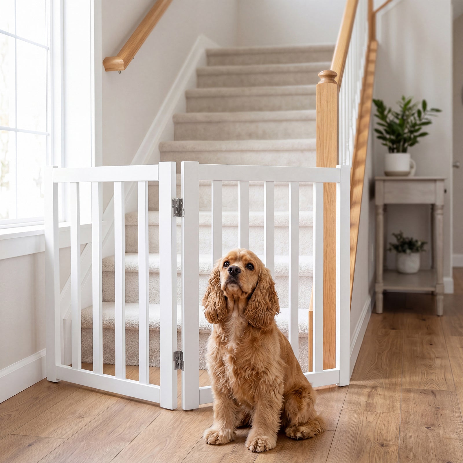 Foldable Wooden Freestanding Pet Gate for House snd Stairs-White