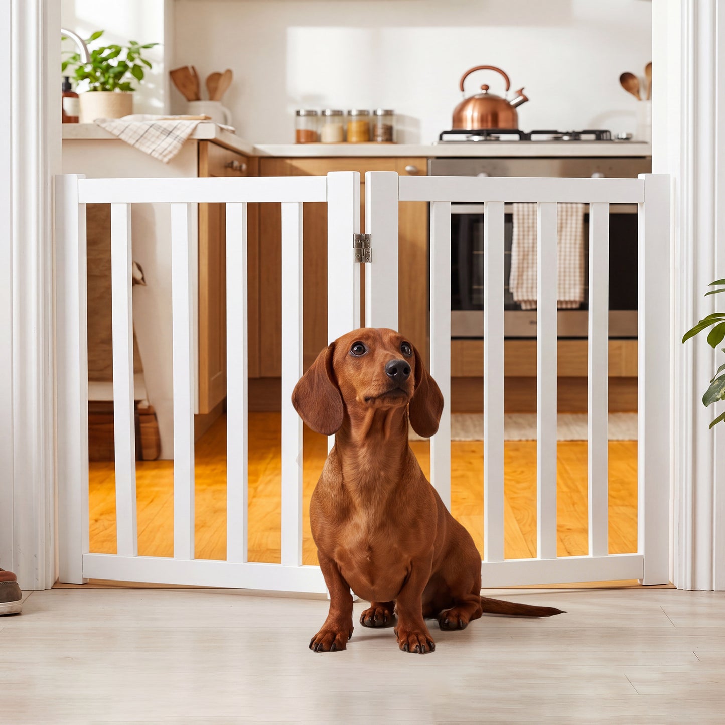 Foldable Wooden Freestanding Pet Gate for House snd Stairs-White