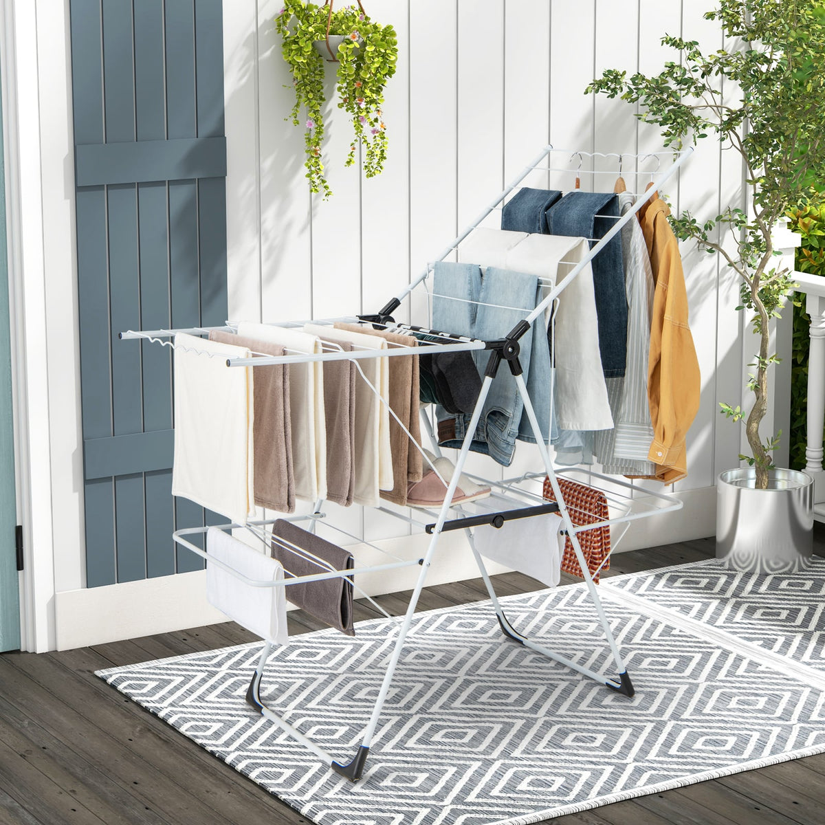 Foldable 2-level Laundry Drying Rack with Adjustable Wings and Clips