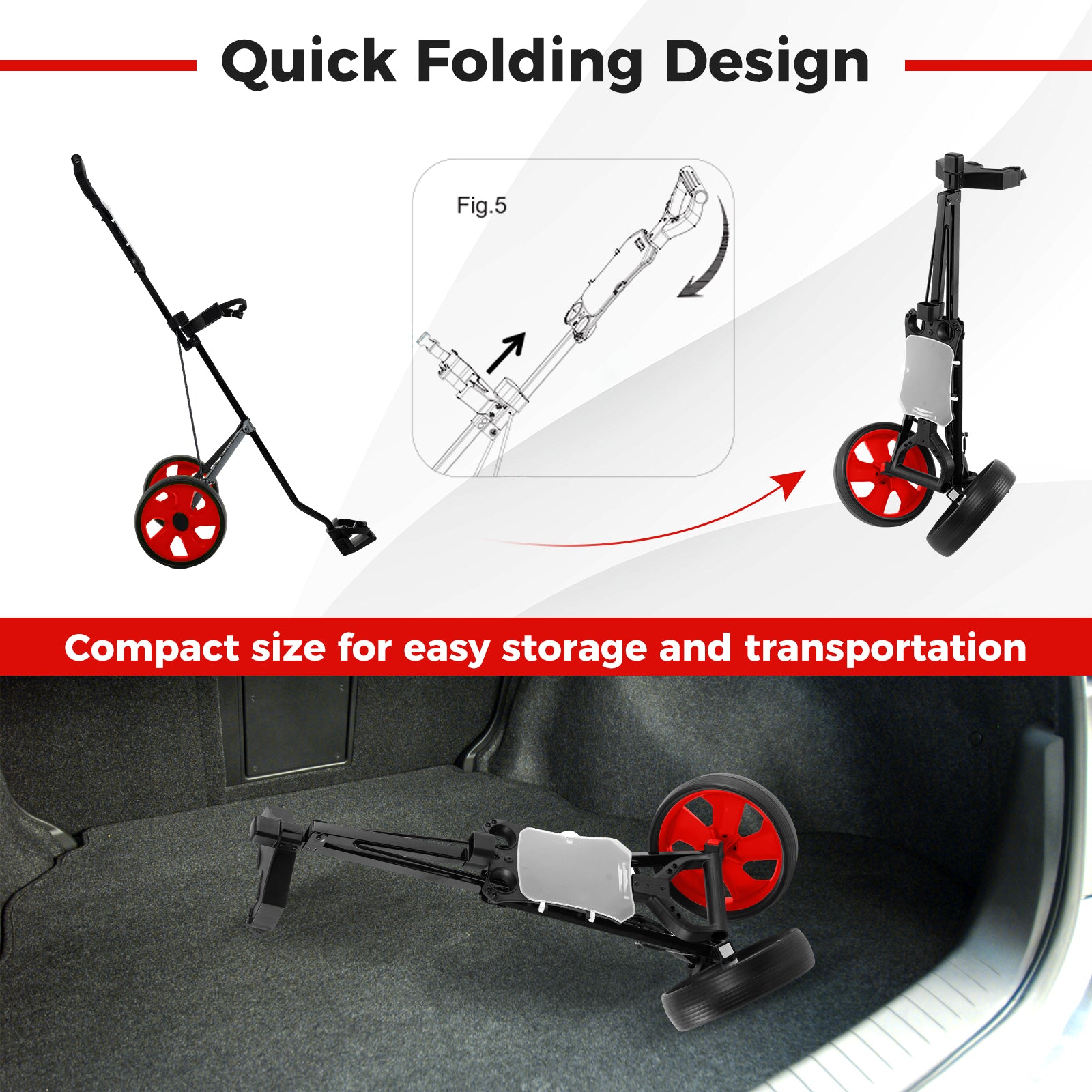 Foldable 2 Wheels Foldable Golf Cart with Scoreboard-Red