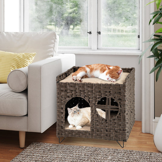 Foldable 2-tier Rattan Cat House Wicker Kitten Condo Indoor Pet Furniture Side Table-Brown