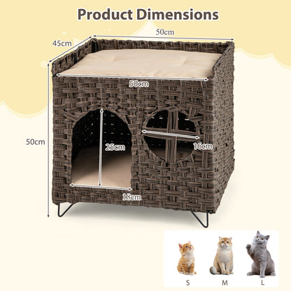 Foldable 2-tier Rattan Cat House Wicker Kitten Condo Indoor Pet Furniture Side Table-Brown