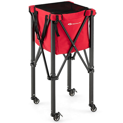 Foldable Aluminum Tennis Ball Cart Hopper Basket with Wheels-Red