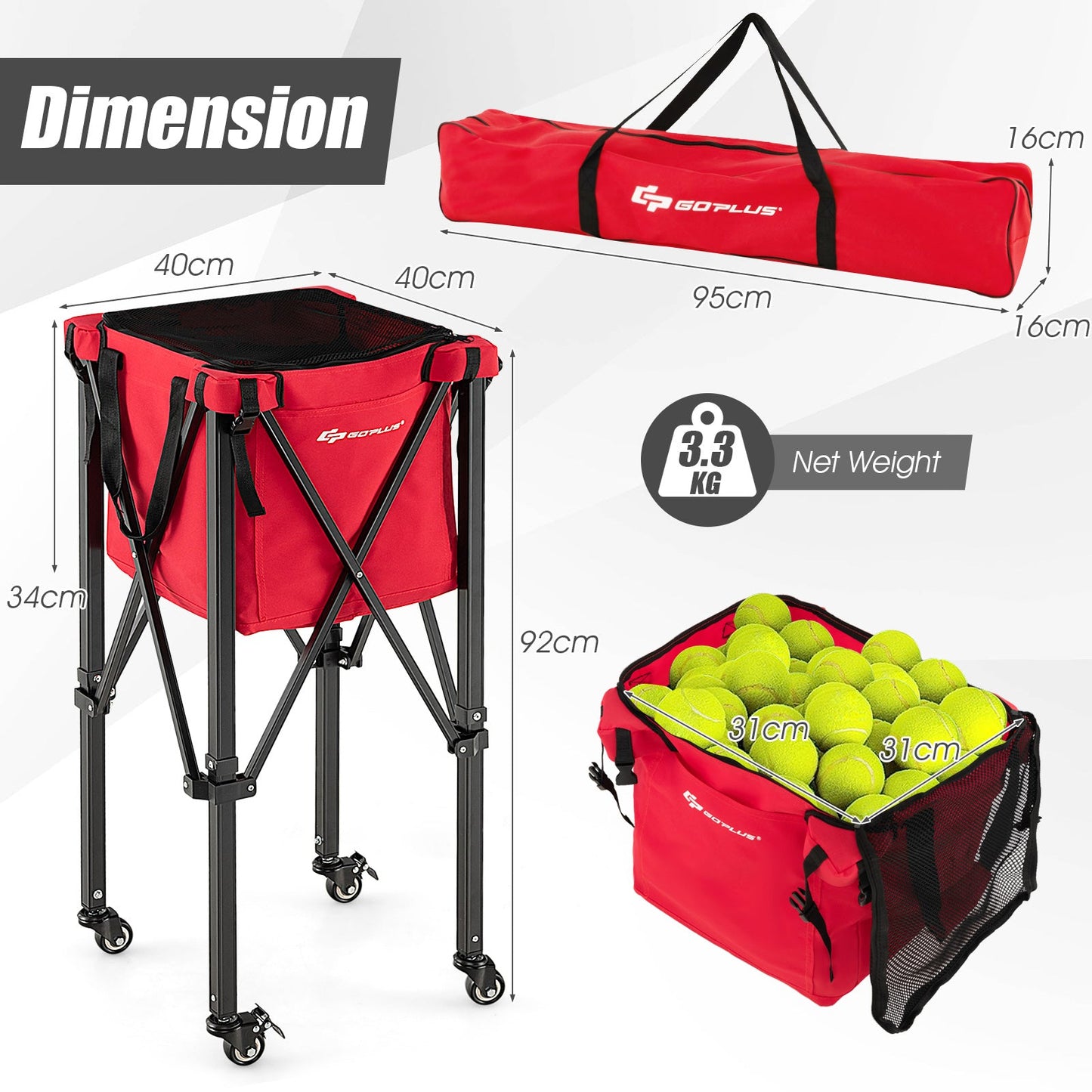 Foldable Aluminum Tennis Ball Cart Hopper Basket with Wheels-Red