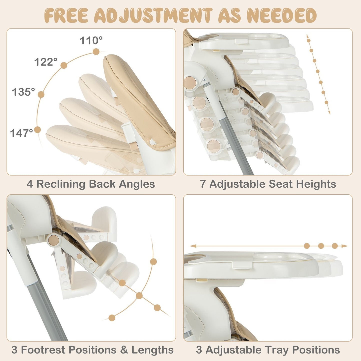 4-in-1 Foldable Baby High Chair with 7 Adjustable Heights and 4 Reclining Angles-Yellow