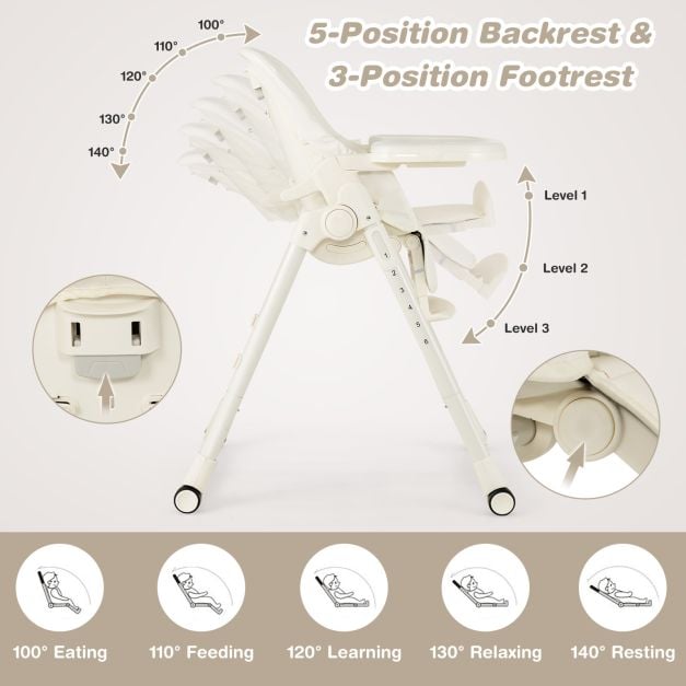 4-in-1 Foldable Baby High Chair with 6 Adjustable Heights and 5-Position Backrest-Beige