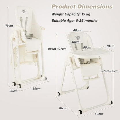 4-in-1 Foldable Baby High Chair with 6 Adjustable Heights and 5-Position Backrest-Beige