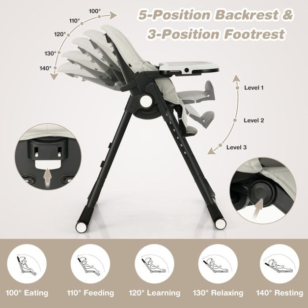 4-in-1 Foldable Baby High Chair with 6 Adjustable Heights and 5-Position Backrest-Grey
