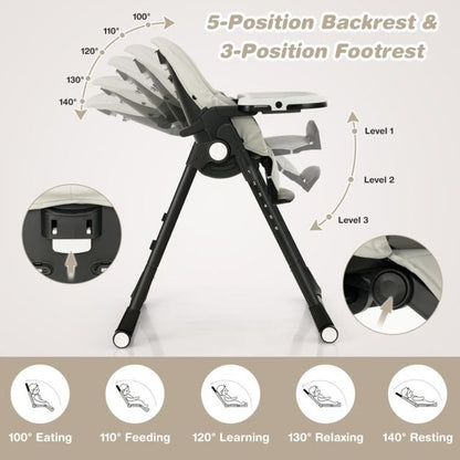 4-in-1 Foldable Baby High Chair with 6 Adjustable Heights and 5-Position Backrest-Grey