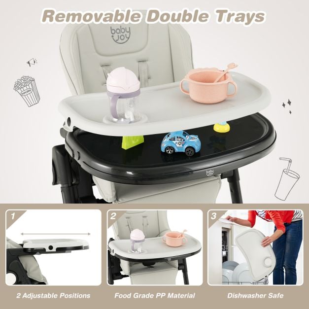 4-in-1 Foldable Baby High Chair with 6 Adjustable Heights and 5-Position Backrest-Grey