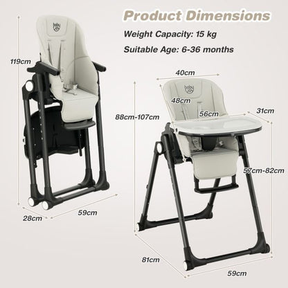 4-in-1 Foldable Baby High Chair with 6 Adjustable Heights and 5-Position Backrest-Grey