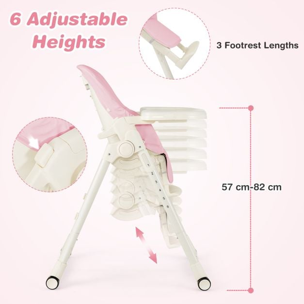 4-in-1 Foldable Baby High Chair with 6 Adjustable Heights and 5-Position Backrest-Pink