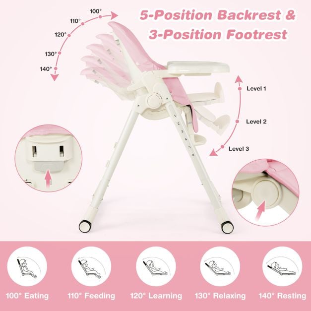 4-in-1 Foldable Baby High Chair with 6 Adjustable Heights and 5-Position Backrest-Pink