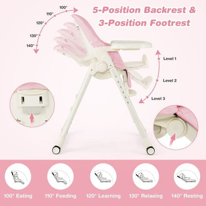 4-in-1 Foldable Baby High Chair with 6 Adjustable Heights and 5-Position Backrest-Pink